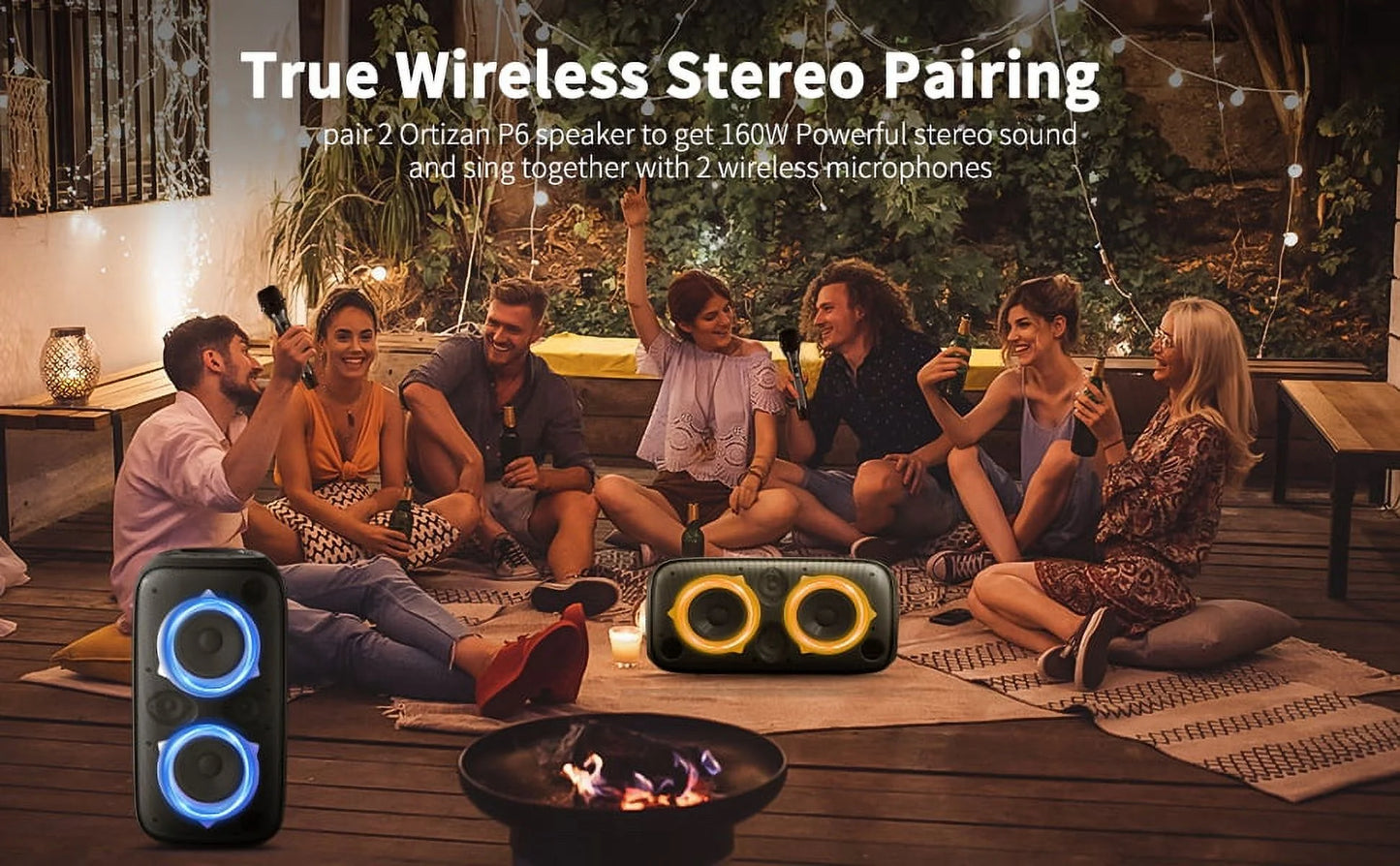 Bluetooth Speaker, P6 Party Speaker with Wireless Microphone, 80W Super Punchy Bass, Loud Sound Wireless Speakers with Lights