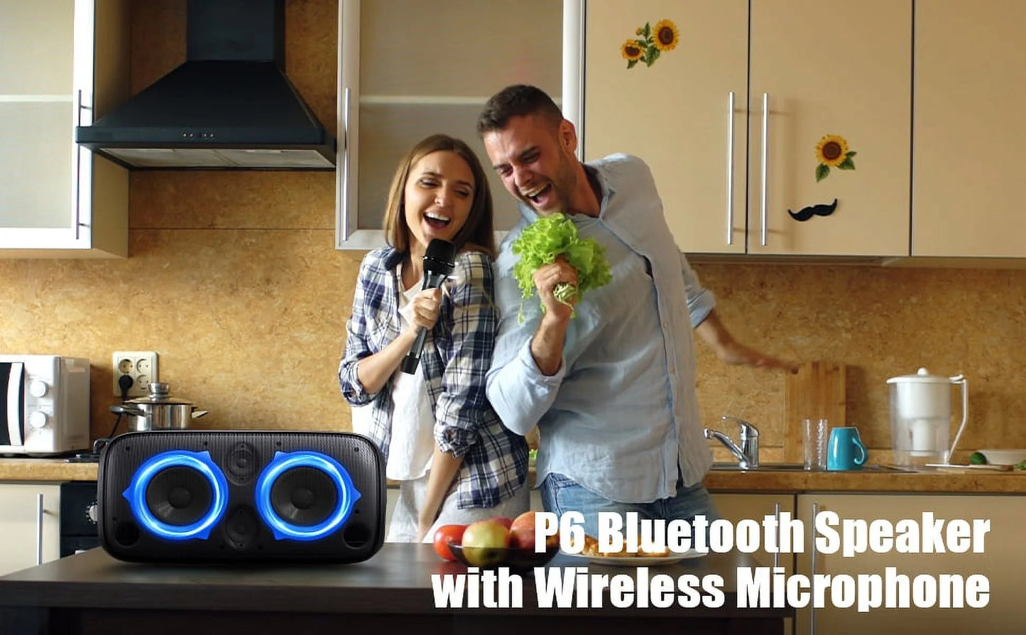 Bluetooth Speaker, P6 Party Speaker with Wireless Microphone, 80W Super Punchy Bass, Loud Sound Wireless Speakers with Lights