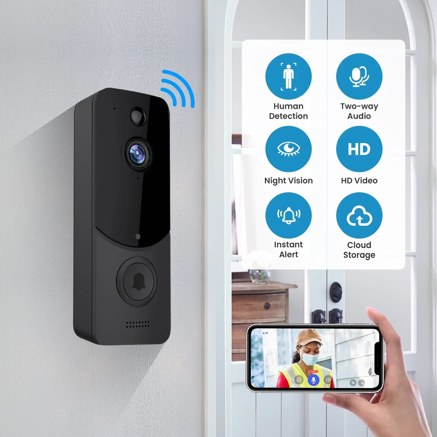 Wireless Doorbell Camera with Chime, Smart Video Doorbell Security Camera with ,Black