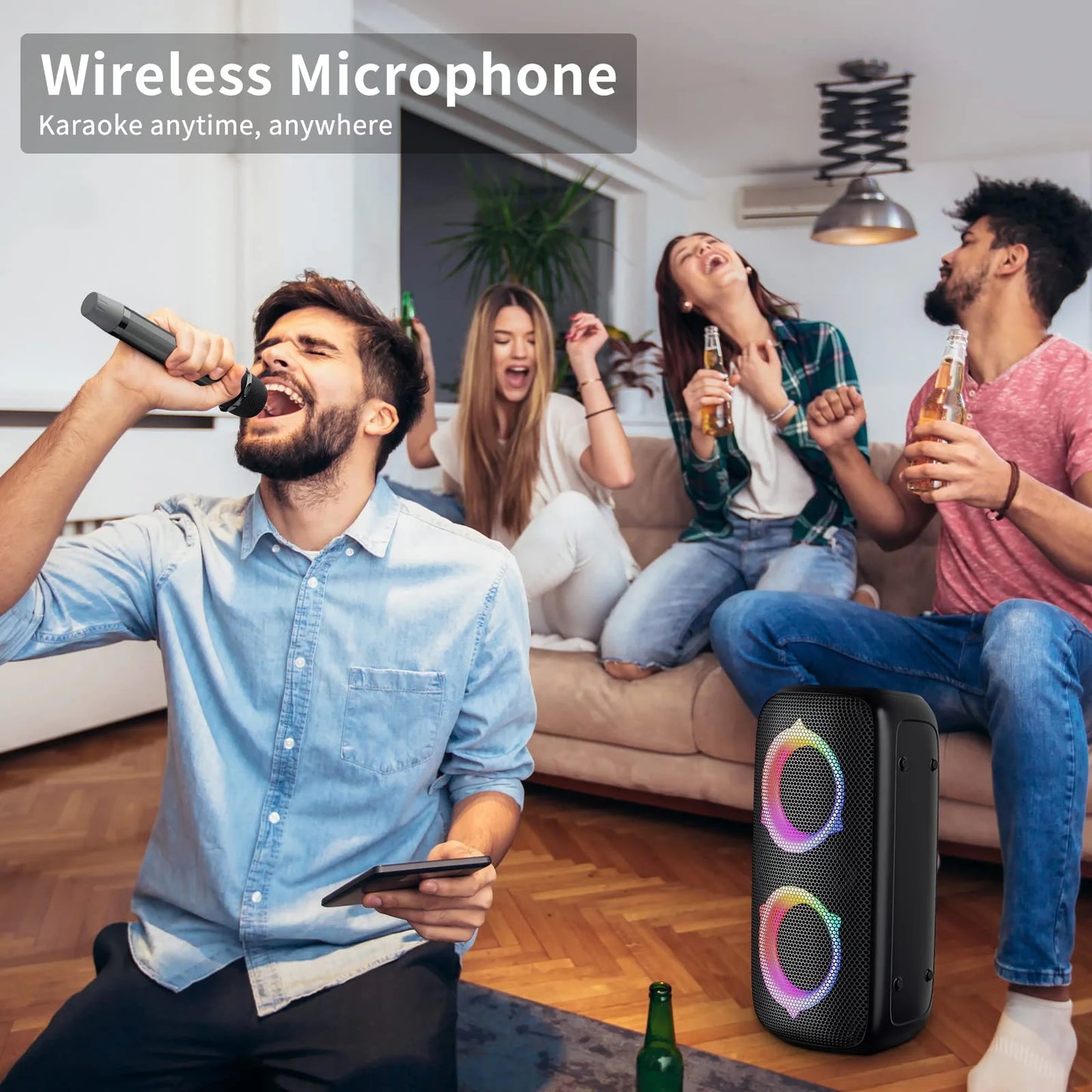 Bluetooth Speaker, P6 Party Speaker with Wireless Microphone, 80W Super Punchy Bass, Loud Sound Wireless Speakers with Lights