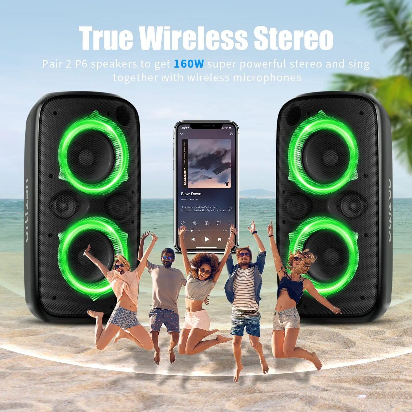 Bluetooth Speaker, P6 Party Speaker with Wireless Microphone, 80W Super Punchy Bass, Loud Sound Wireless Speakers with Lights
