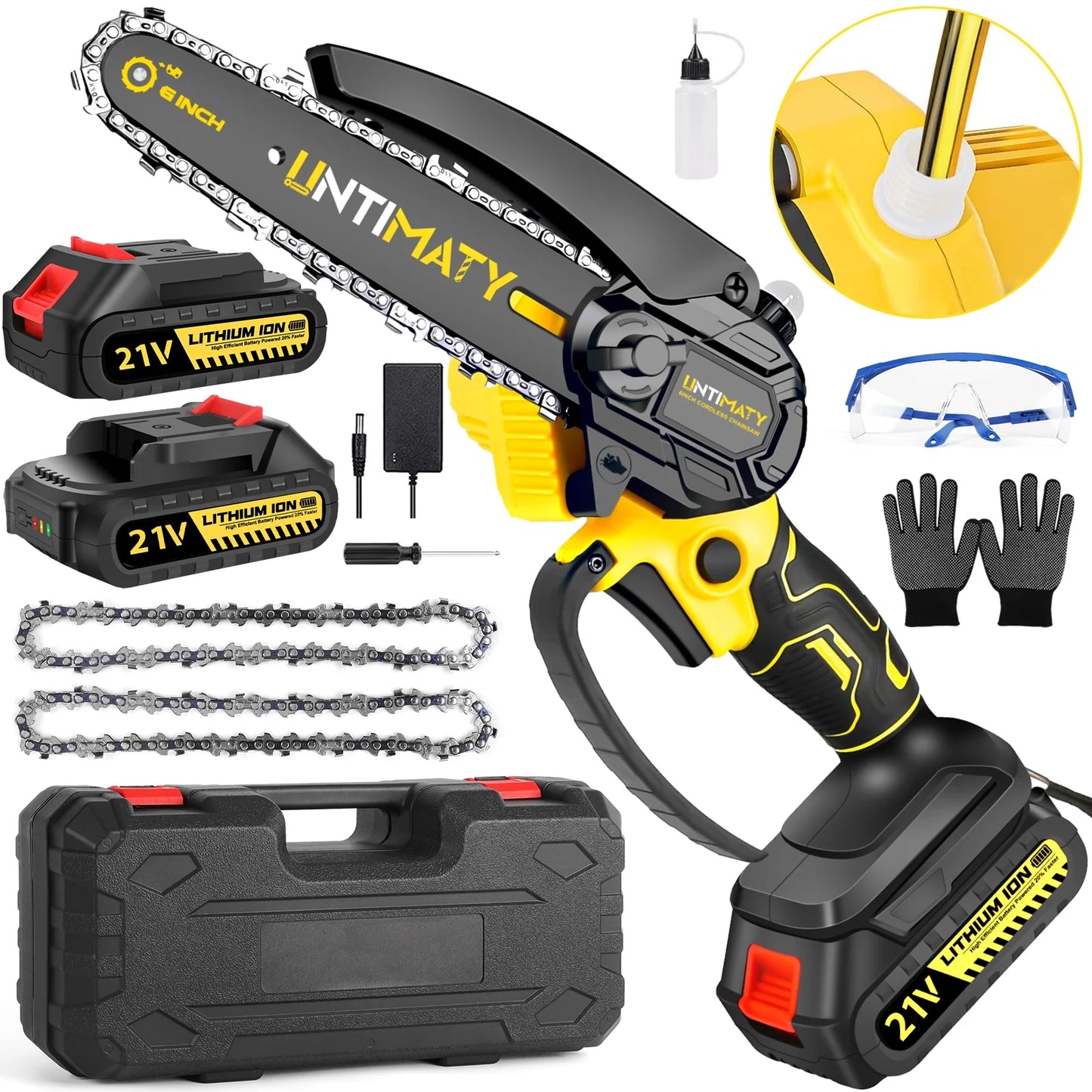 Mini Cordless Chainsaw, 6 Inch 21V Handheld Chain Saw with 2 Batteries 2 Chains, Battery Powered Chainsaw Wood Cutter