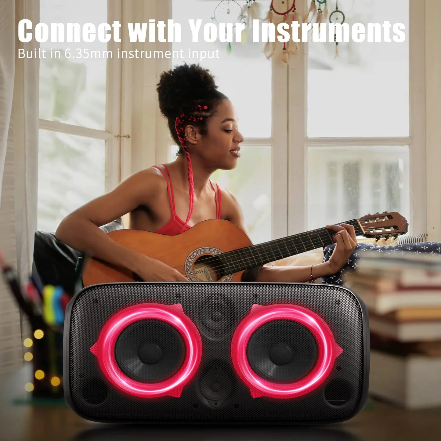 Bluetooth Speaker, P6 Party Speaker with Wireless Microphone, 80W Super Punchy Bass, Loud Sound Wireless Speakers with Lights