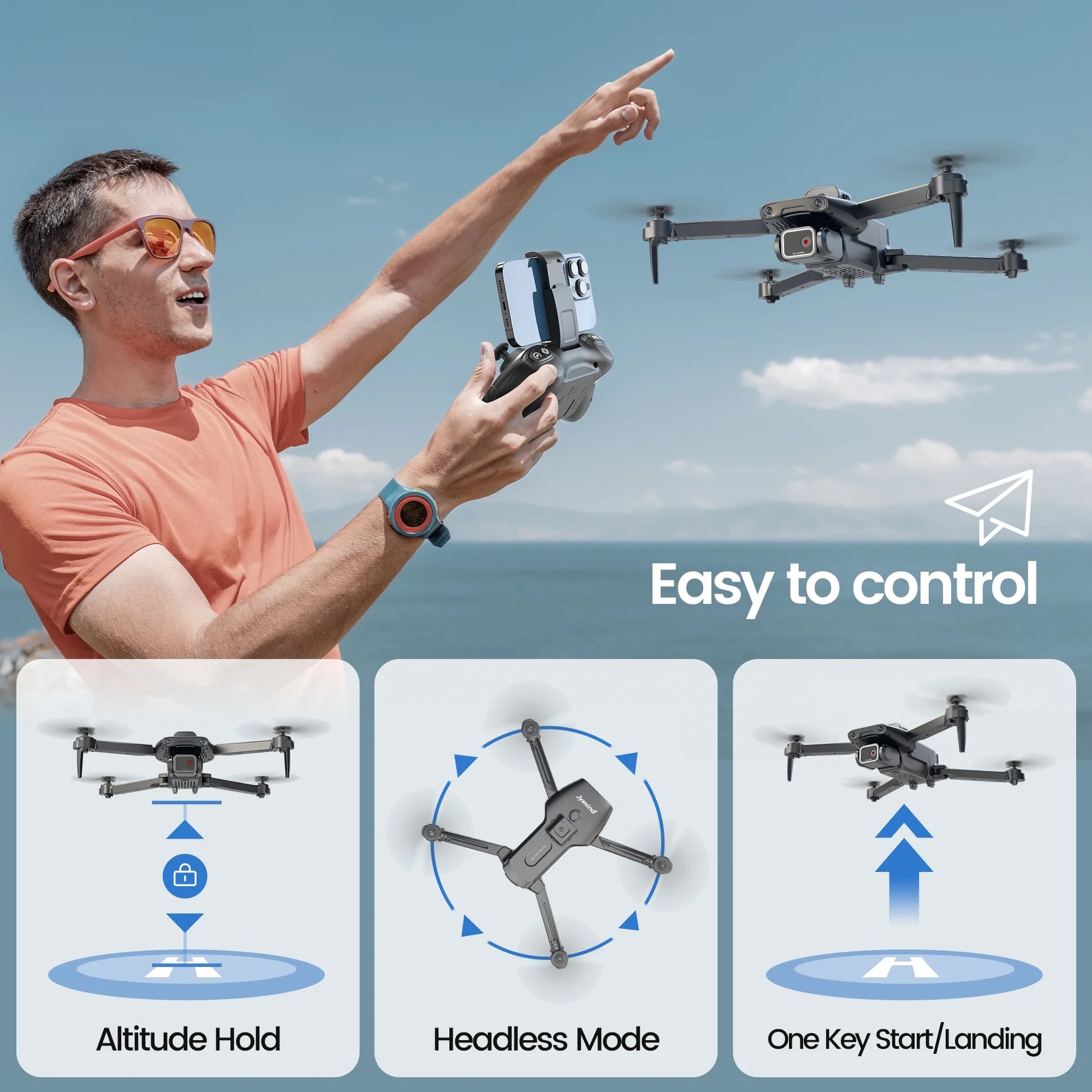 JY08 Drone with 4K HD Camera for Adults and Kids, RC Quadcopter with 3 Sides Obstacle Avoidance, FPV Remote Control, Gift Idea for Kids Indoor Outdoor, 2 Batteries, Black