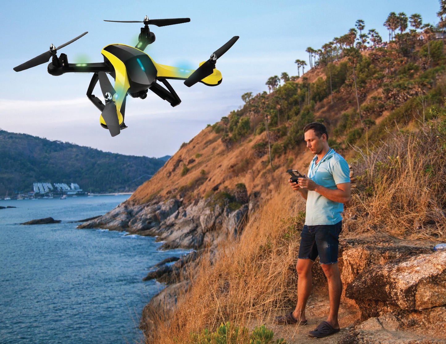 VTI Skytracker GPS Aerial Camera Drone, 1000Ft Range, Live Streaming, Black and Yellow, Sized 12" X 5" X 11.5"