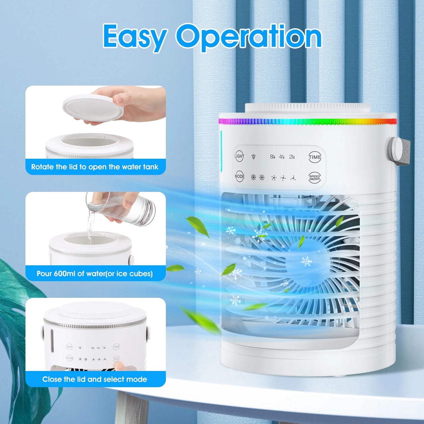 Portable Mini Air Conditioners, USB Personal Air Conditioner, 3-Speed Small Ac Unit, Evaporative Air Cooler with Timer,Nightlight,Tank,2 Mist Modes, Cooling Fan for Bedroom,Office,Tent,Camping,Car