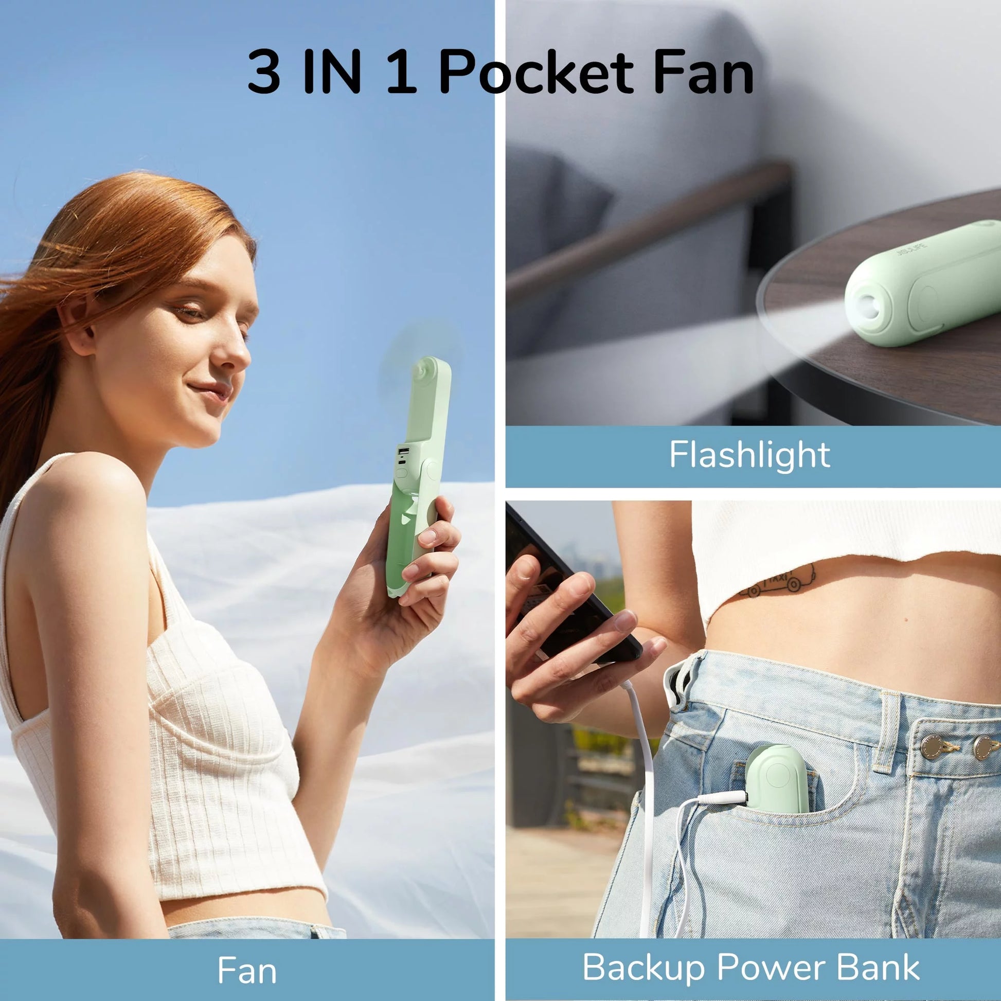 Handheld Mini Fan, 3 in 1 Hand Fan, USB Rechargeable Small Pocket Fan [12-19 Working Hours] with Power Bank, Flashlight Feature,Portable Fan for Travel, Gifts for Women/Adults/Mom/Her