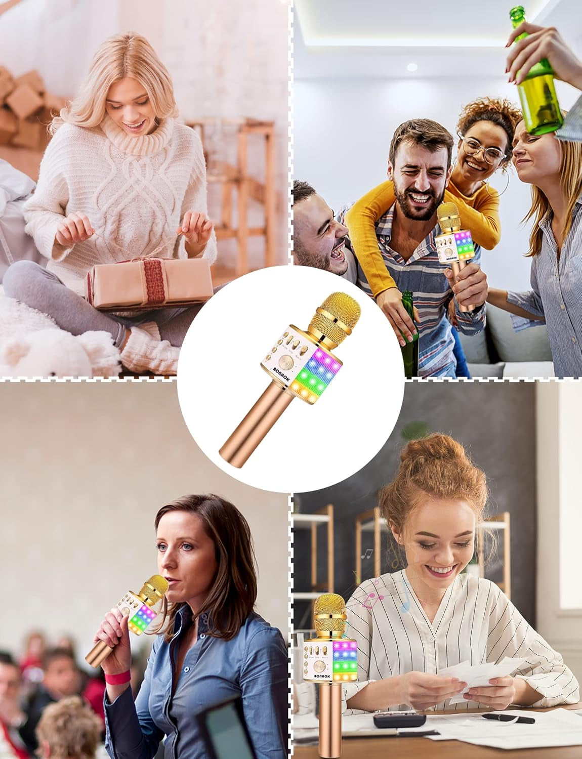 Karaoke Microphone for Kids Adults Wireless Mic with Bluetooth Speaker Rechargeable Portable Handheld Echo Microphones with Disco Light for Party Home Outdoor Speaking Singing,Q37L (Gold)