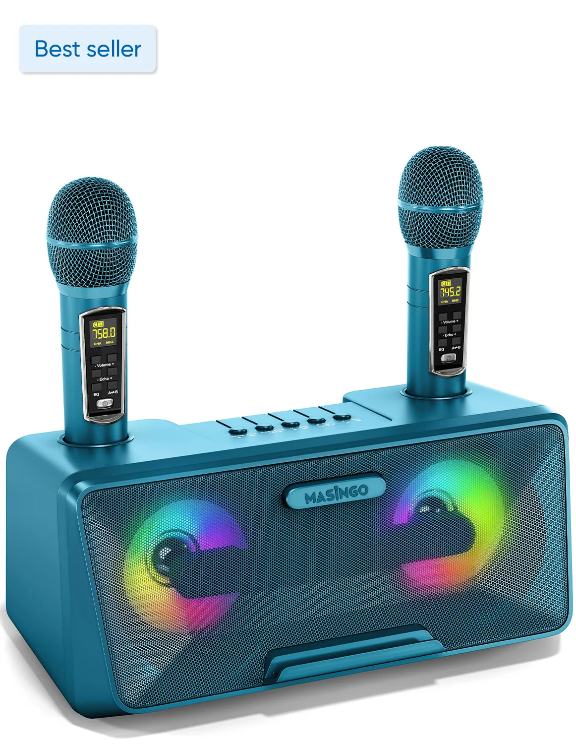 Karaoke Machine for Adults and Kids with 2 Wireless Microphones, Portable Bluetooth Singing Speaker, Colorful LED Lights, PA System, Lyrics Display Holder & TV Cable - Presto G2 (Turquoise)