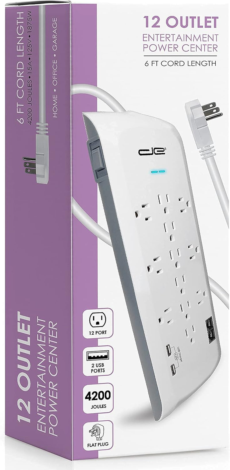 12 Outlet 4200 Joules Surge Protector Power Strip with 2 USB (4.2A) Ports, 6 Foot 14/3 AWG Cord, Coax/Phone/Ethernet Protection, 6 Wide Spaced Outlets,White