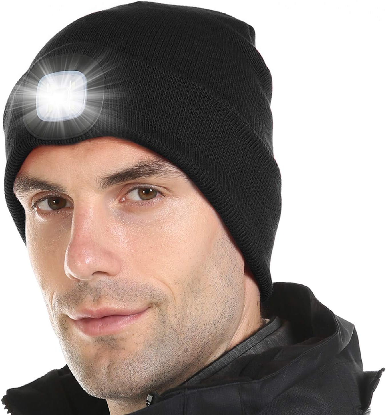 LED Lighted Beanie, Unisex Warm Knitted Hat, Rechargeable Headlamp Cap for Outdoors, Tech Gift for Men Dad Father Him