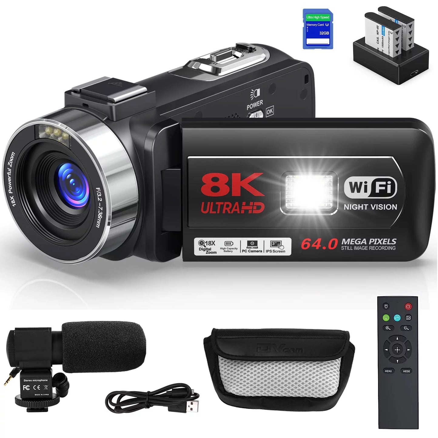 8K Video Camera 64MP 18X Digital Camera Video Camera for Youtube 3.0 Inch Flip Screen Camcorder Vlogging Camera with 32GB SD Card, 2.4G Remote Control, Two Batteries and External Mic