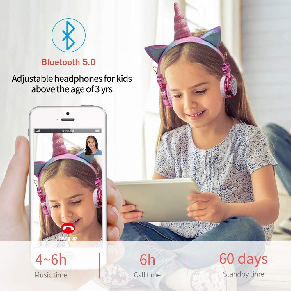 Kids Headphones, Wireless Headphones for Kids Unicorn Headphones for Girls Bluetooth Headphones W/Mic with Adjustable Headband, over on Ear Headset for Smartphones/School/Kindle/Tablet/Pc (Pink)