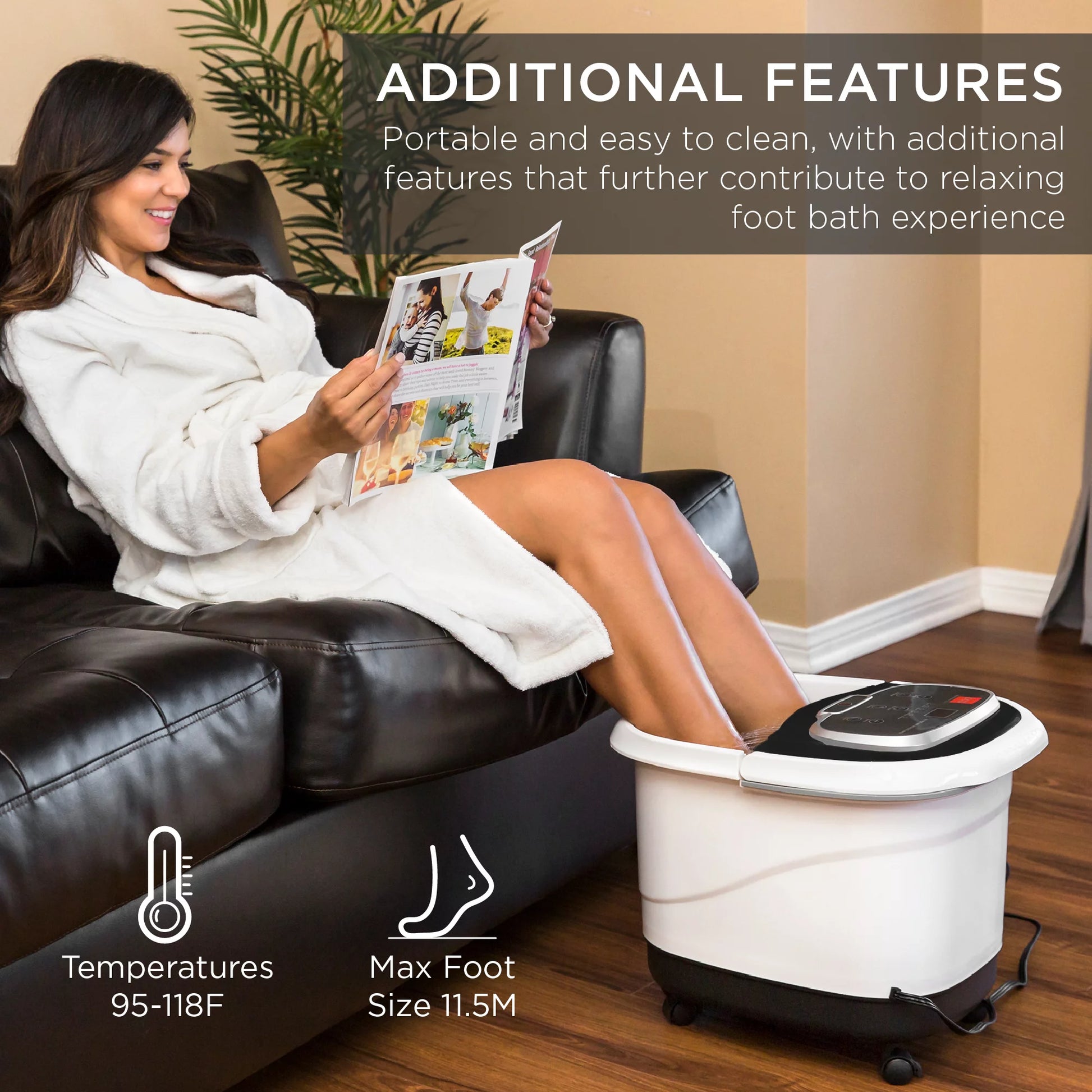 Portable Heated Shiatsu Foot Bath Massage Spa W/ Pumice Stone, Waterfall, Adjustable Heat - Black