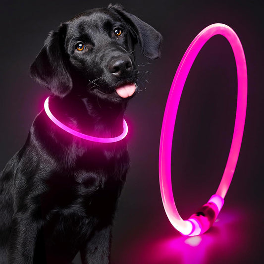 Glow in the Dark Pet Collar - Waterproof Dog Light up Dog Collar, TPU Cuttable Glow Led Dog Collar for Small Medium Large Dogs (Pink)