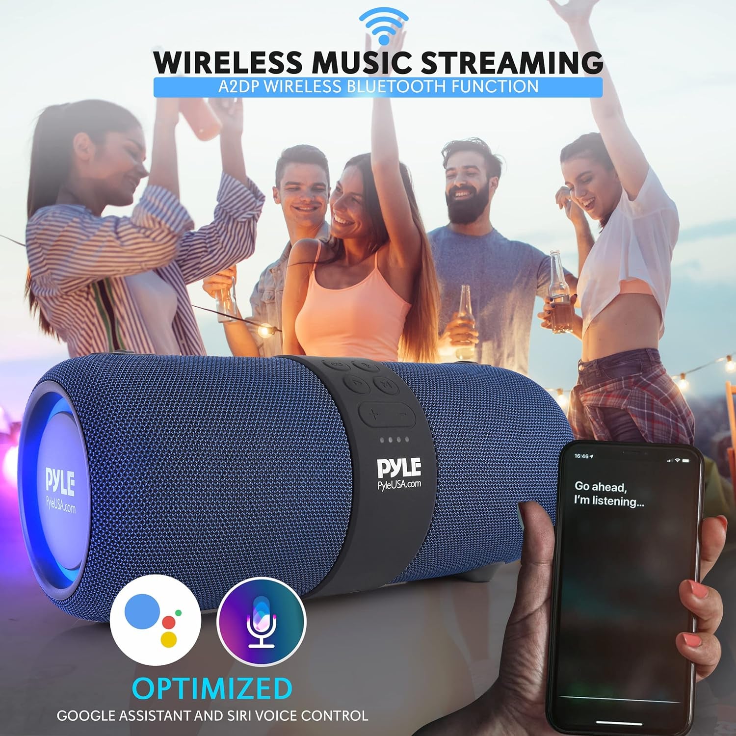 usa Wireless Portable Bluetooth Boombox Speaker - 2Ch Waterproof Rechargeable Fabric Stereo Speaker W/Google Assistant/Siri Voice Control, TWS Function, USB FM Radio, RGB Lights -PSBWP9BL (Blue)