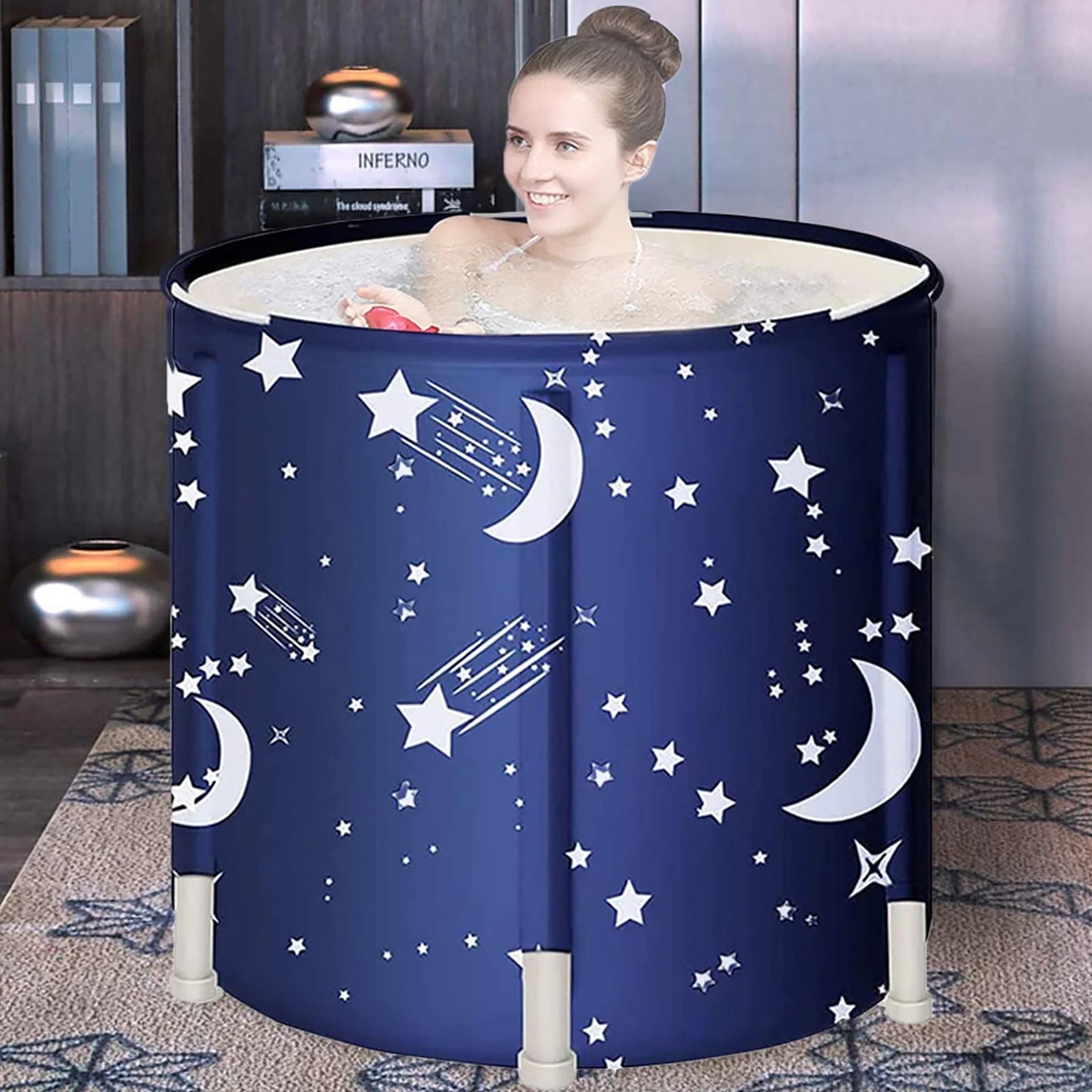 28In Portable Foldable Bathtub for Adult, Bathroom Spa Tub, Hot Bath Ice, Blue Stars