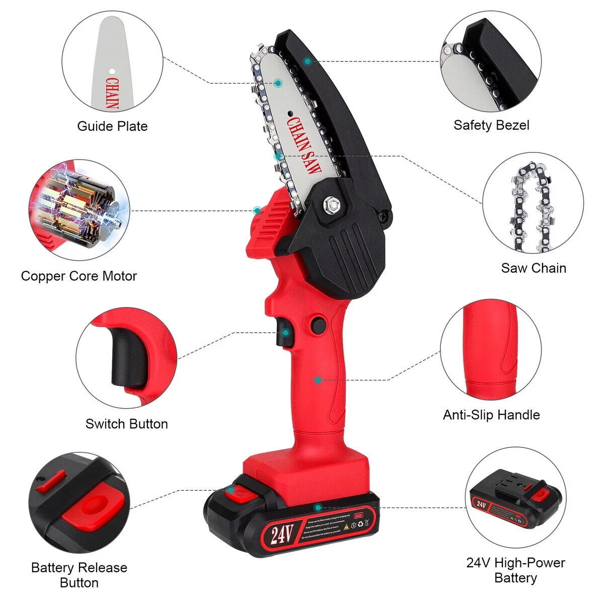 Mini Handheld Chainsaw Cordless Electric Chain Saw 24V 550W Battery Power