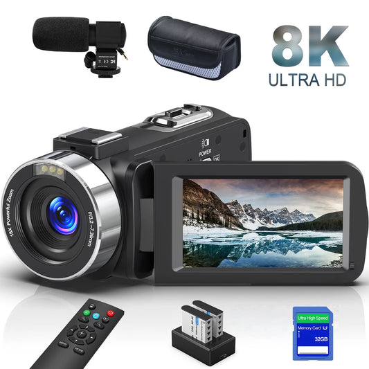 8K Video Camera 64MP 18X Digital Camera Video Camera for Youtube 3.0 Inch Flip Screen Camcorder Vlogging Camera with 32GB SD Card, 2.4G Remote Control, Two Batteries and External Mic