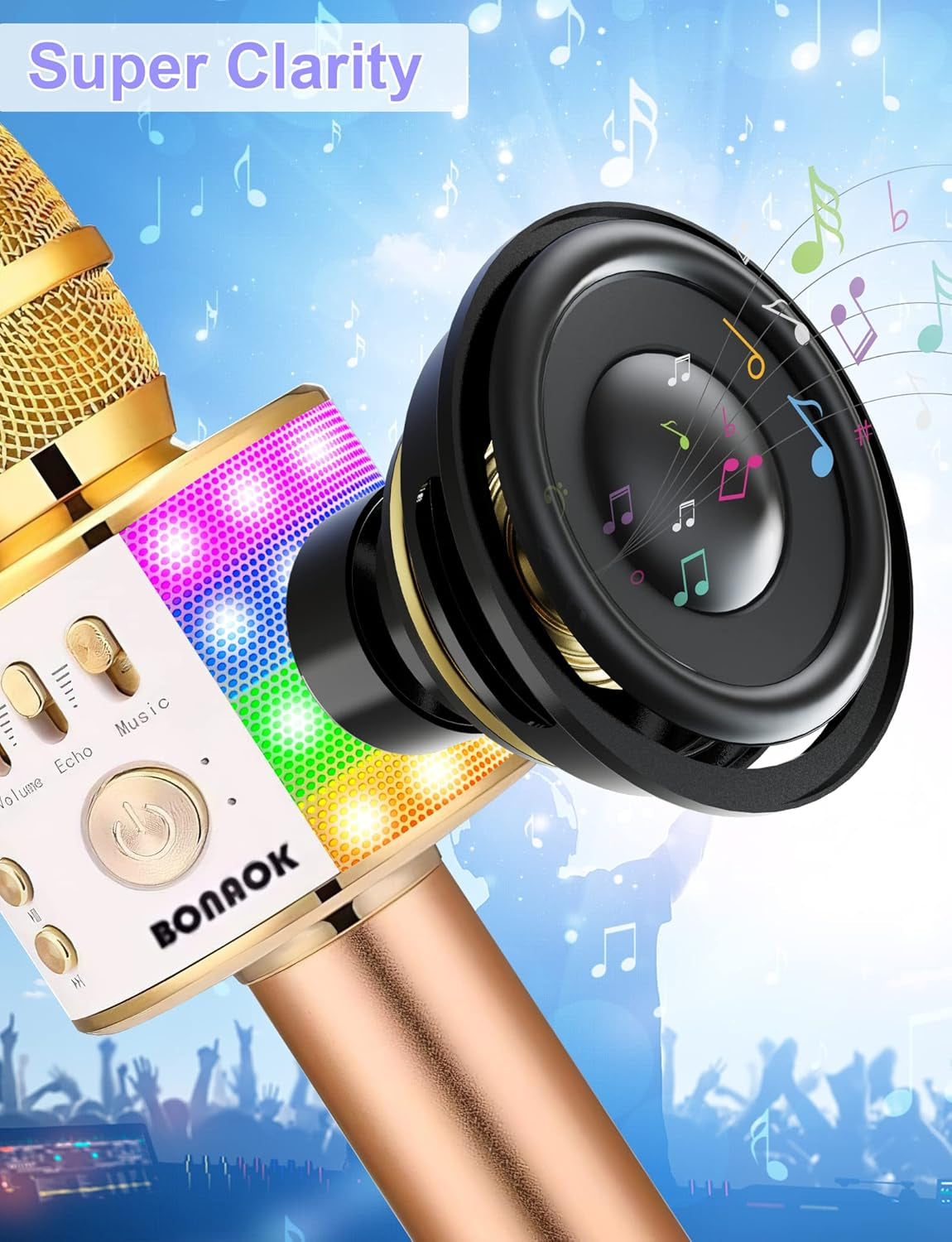 Karaoke Microphone for Kids Adults Wireless Mic with Bluetooth Speaker Rechargeable Portable Handheld Echo Microphones with Disco Light for Party Home Outdoor Speaking Singing,Q37L (Gold)