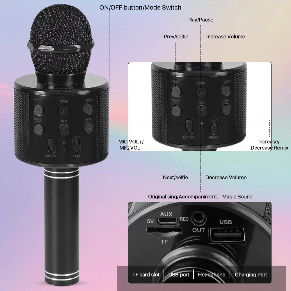 Wireless Bluetooth Karaoke Microphone for Kids Adult Singing, Portable Handheld Karaoke Machine Speaker with Record Function (Black)