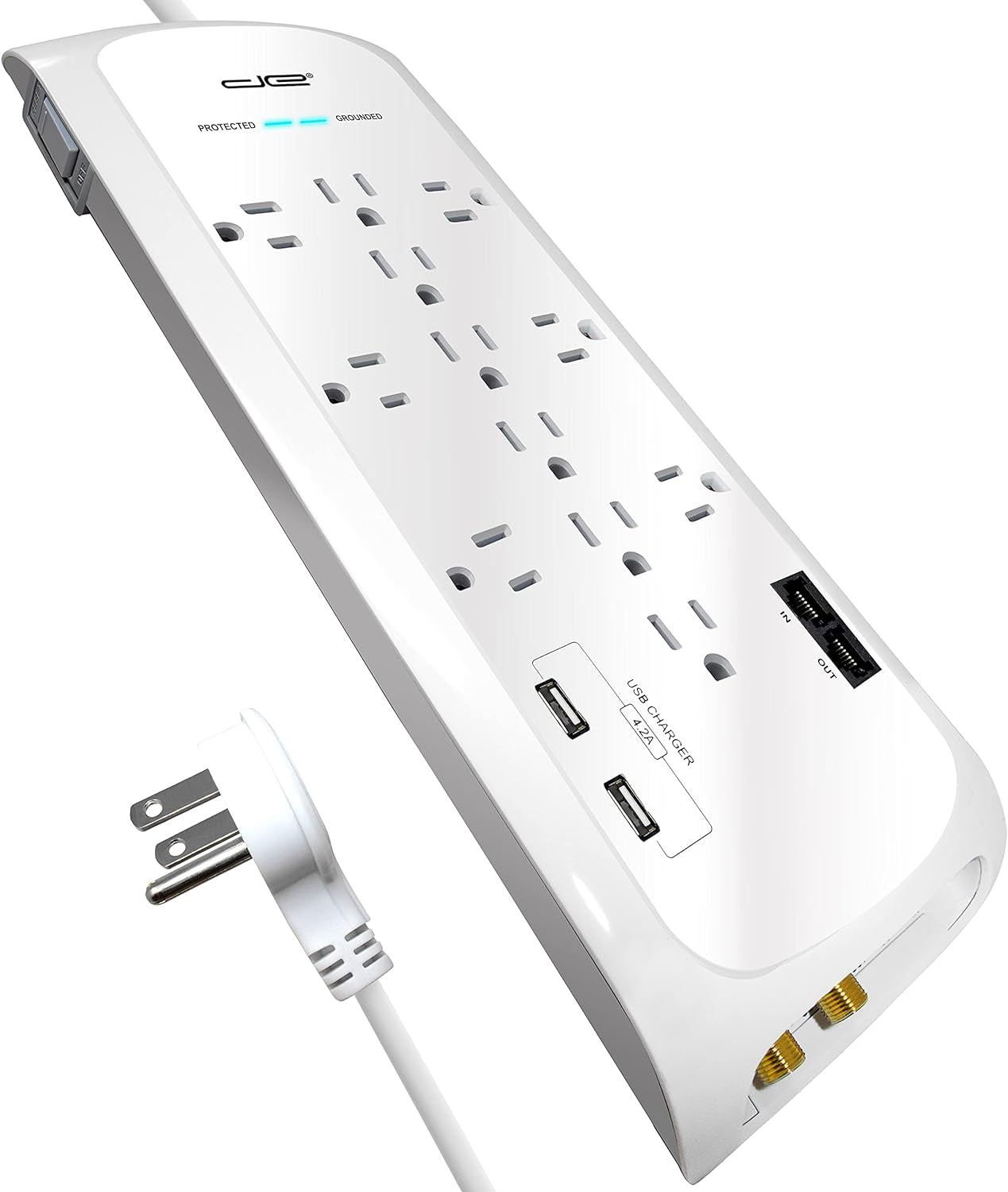 12 Outlet 4200 Joules Surge Protector Power Strip with 2 USB (4.2A) Ports, 6 Foot 14/3 AWG Cord, Coax/Phone/Ethernet Protection, 6 Wide Spaced Outlets,White