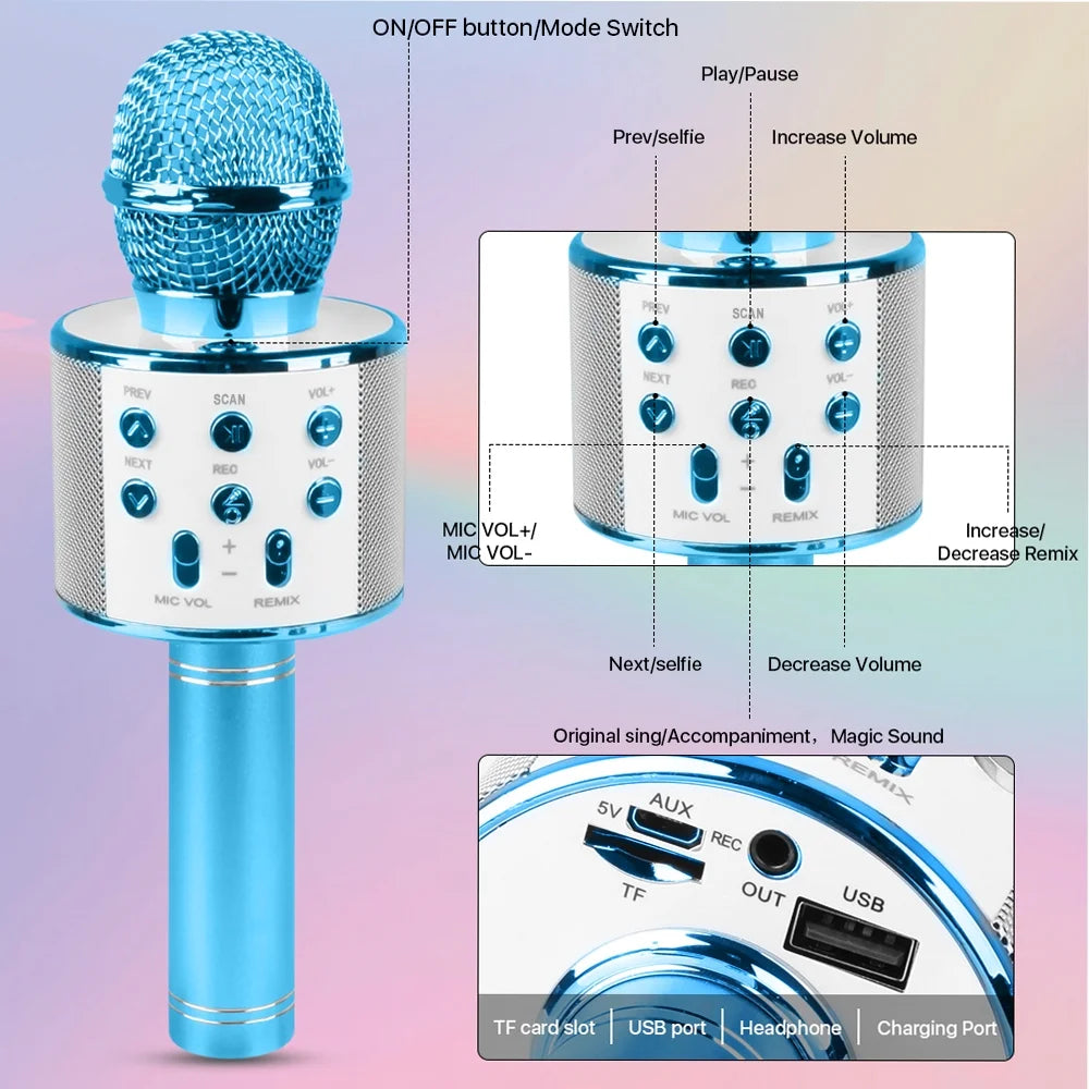 Wireless Bluetooth Karaoke Microphone for Kids Adult Singing, Portable Handheld Karaoke Machine Speaker with Record Function (Blue)