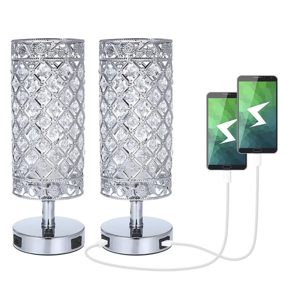 Crystal Table Lamp Set of 2, Bedside Nightstand Lamps with 2 USB Charging Ports, Silver Crystal Desk Lamp for Bedroom Living Room