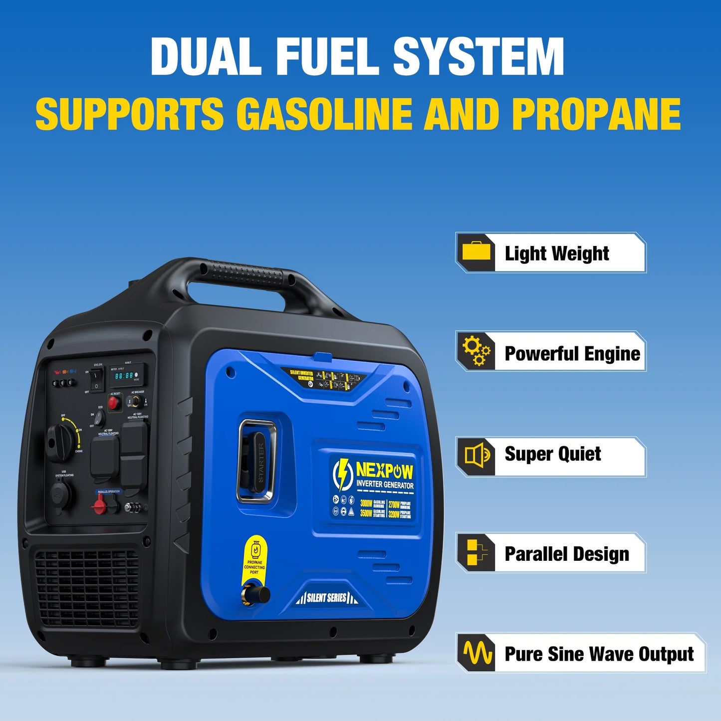 Portable Inverter Generator, 3500W Super Quiet Generator ,Eco-Mode Feature, Parallel Capability,Epa Compliant,Dual Fuel Propane and Gasoline,Lightweight for Backup Home & Camping