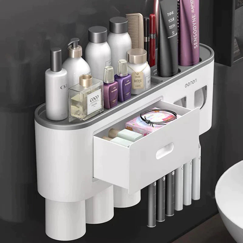 Magnetic Adsorption Toothbrush Holder Waterproof Storage Box 2/3/4 Cup Toothpaste Dispenser Wall Mounted Bathroom Accessories