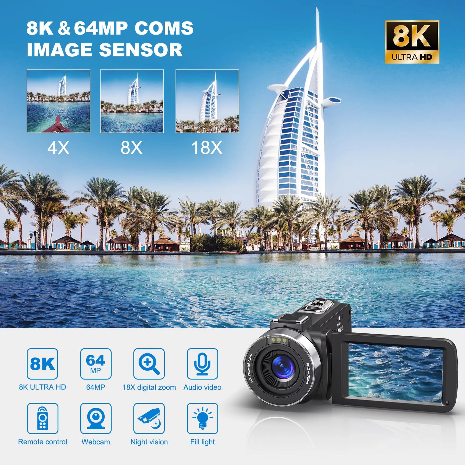 8K Video Camera 64MP 18X Digital Camera Video Camera for Youtube 3.0 Inch Flip Screen Camcorder Vlogging Camera with 32GB SD Card, 2.4G Remote Control, Two Batteries and External Mic