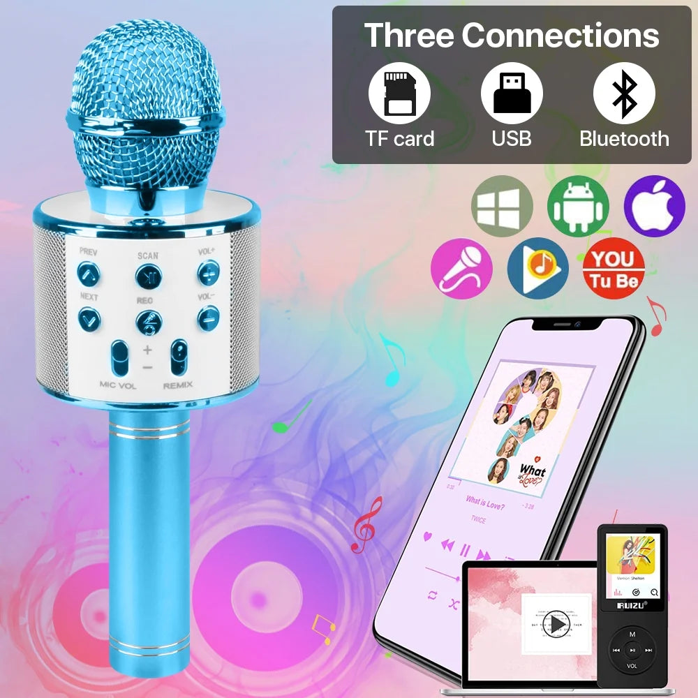 Wireless Bluetooth Karaoke Microphone for Kids Adult Singing, Portable Handheld Karaoke Machine Speaker with Record Function (Blue)