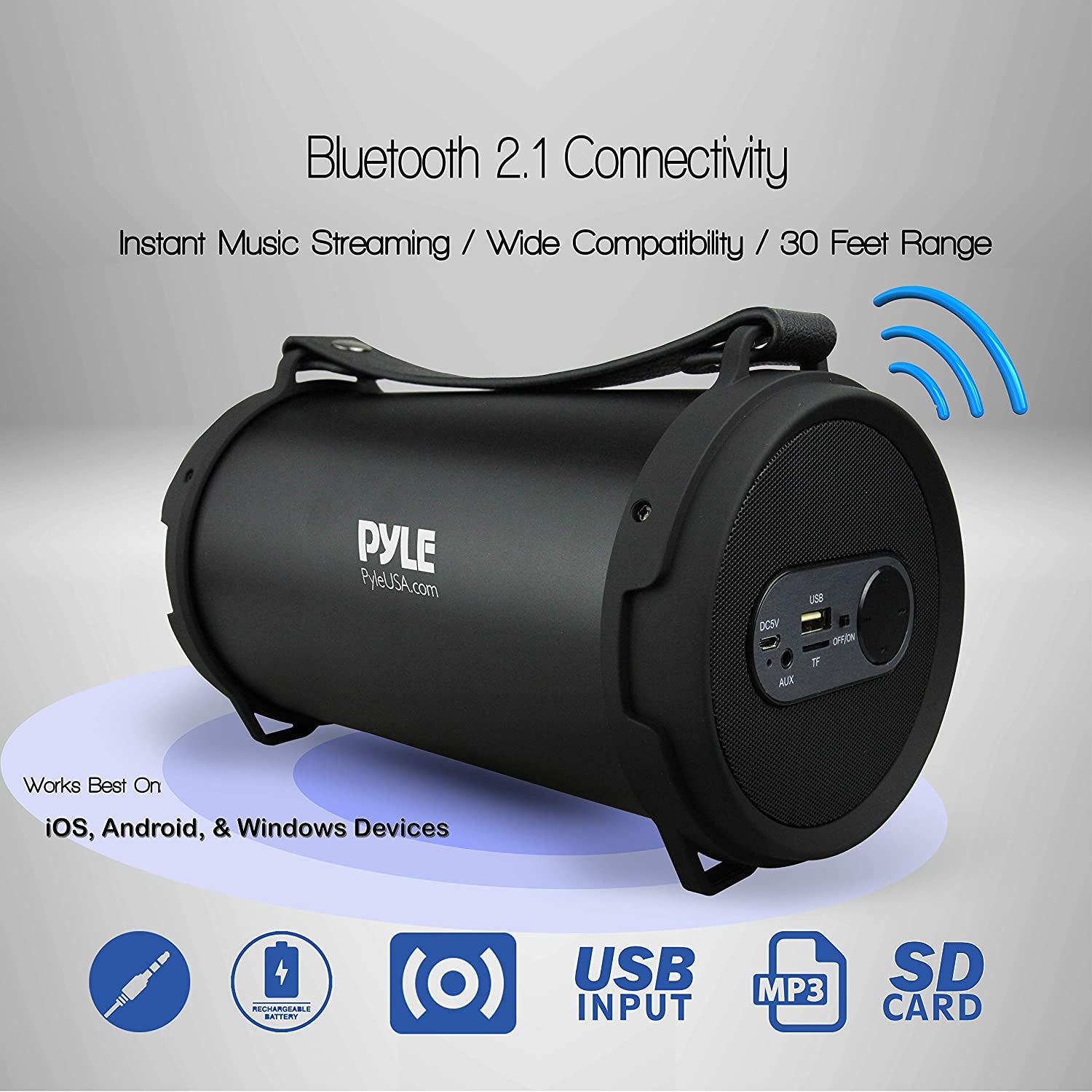 Portable Speaker, Boombox, Bluetooth Speakers, Rechargeable Battery, Surround Sound, Digital Sound Amplifier, USB/SD/FM Radio, Wireless Hi-Fi Active Stereo Speaker System in Black (PBMSPG7)