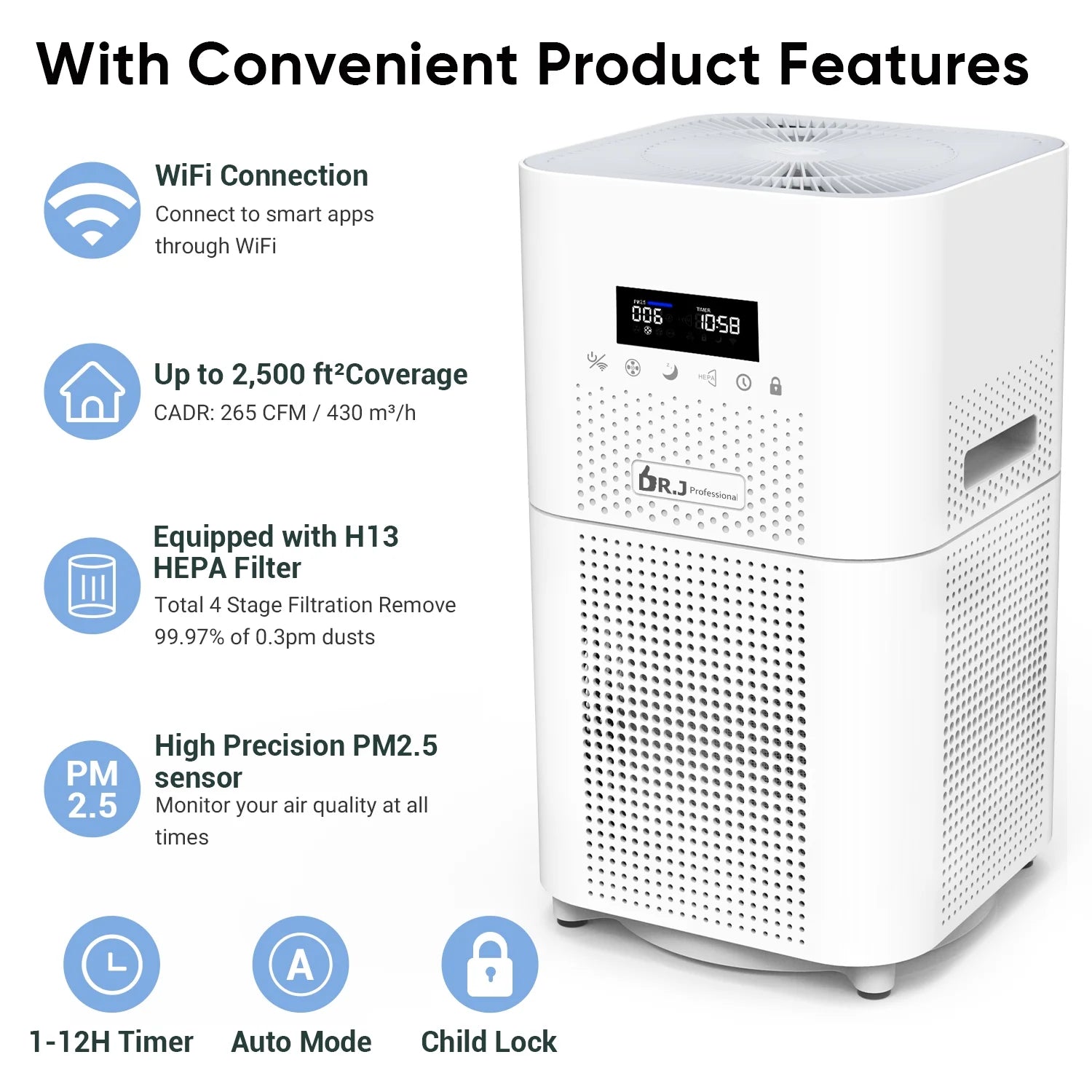 Smart Wifi Air Purifiers for Home Large Room up to 2500 Sq.Ft, HEPA Air Purifier for Bedroom, Air Purifiers for Allergies and Asthma, Pollen, Wildfire/Smoke, Pets Hair, Odors, Dust