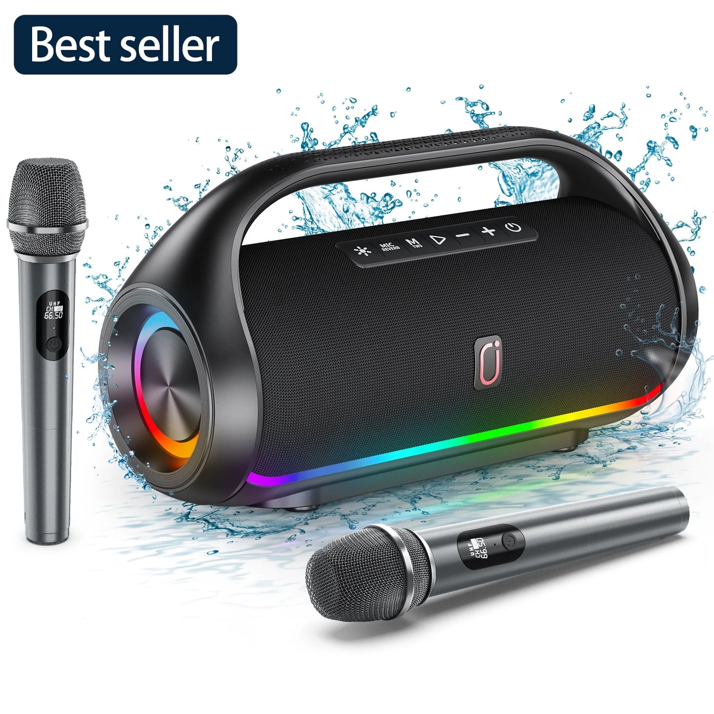 Karaoke Machine, Waterproof Bluetooth Speaker with 2 Wireless Karaoke Microphones, Portable Speaker with RGB Light & Mic, Outdoor Home Party PA System, Support USB/AUX/ TF Card/ Mic/ TWS