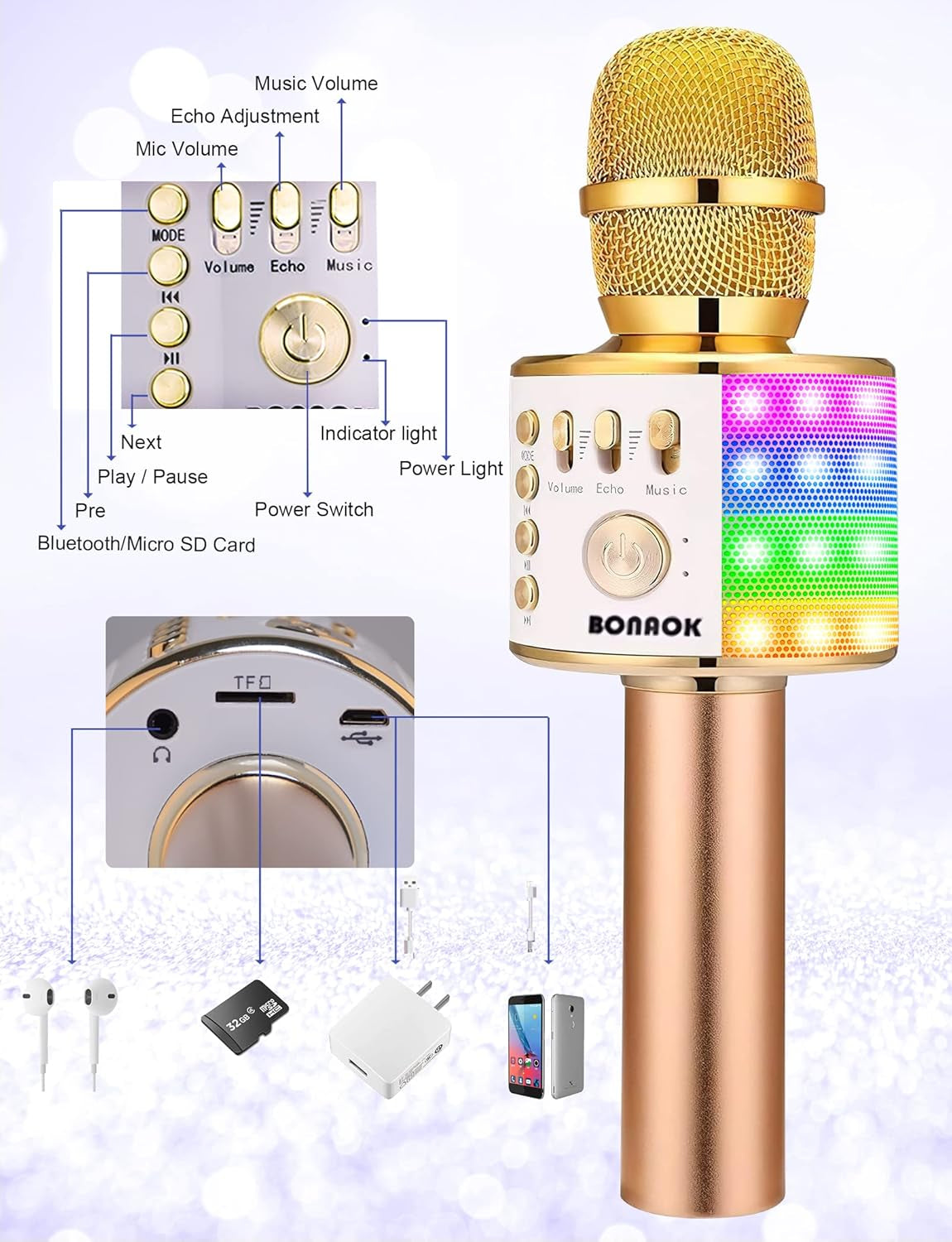 Karaoke Microphone for Kids Adults Wireless Mic with Bluetooth Speaker Rechargeable Portable Handheld Echo Microphones with Disco Light for Party Home Outdoor Speaking Singing,Q37L (Gold)