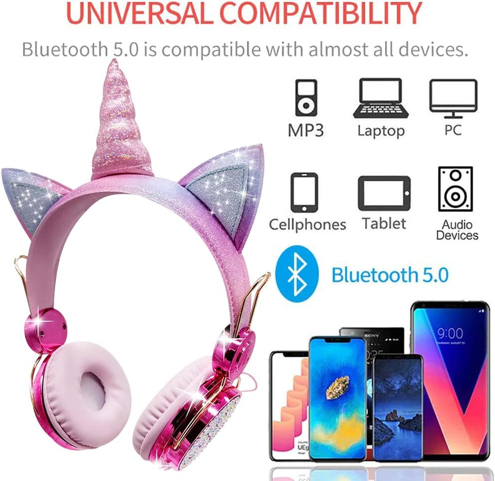 Kids Headphones, Wireless Headphones for Kids Unicorn Headphones for Girls Bluetooth Headphones W/Mic with Adjustable Headband, over on Ear Headset for Smartphones/School/Kindle/Tablet/Pc (Pink)