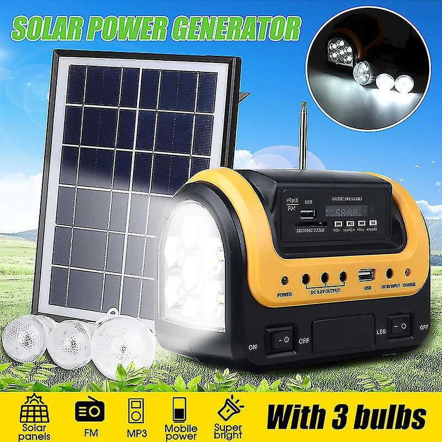 Solar Generator Portable with Solar Panel Solar Power Generators Portable Power Station with Bulb Rechargeable Power Supply