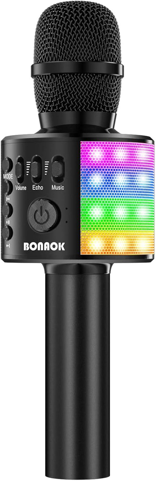 Karaoke Microphone for Kids Adults Wireless Mic with Bluetooth Speaker Rechargeable Portable Handheld Echo Microphones with Disco Light for Party Home Outdoor Speaking Singing,Q37L (Black)