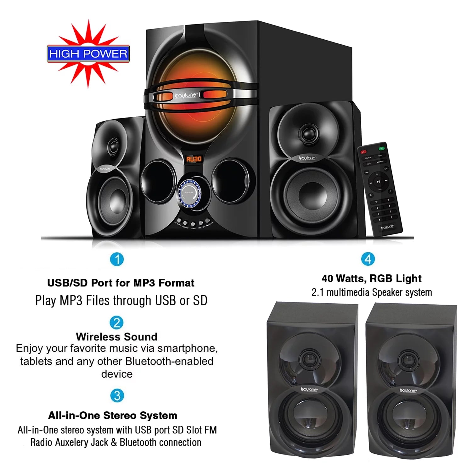 BT-424FN, 2.1 Bluetooth Powerful Home Theater Speaker Systems, FM Radio, SD Slot, USB Port, MP3 Format, Digital Play Back, 40 Watts, RGB Light, Remote Control, for Smartphone, Tablet