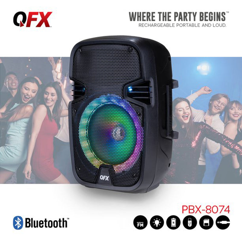 PBX-8074 8” BLUETOOTH RECHARGEABLE SPEAKER with LED PARTY LIGHTS, INCLUDES WIRED MICROPHONE and REMOTE