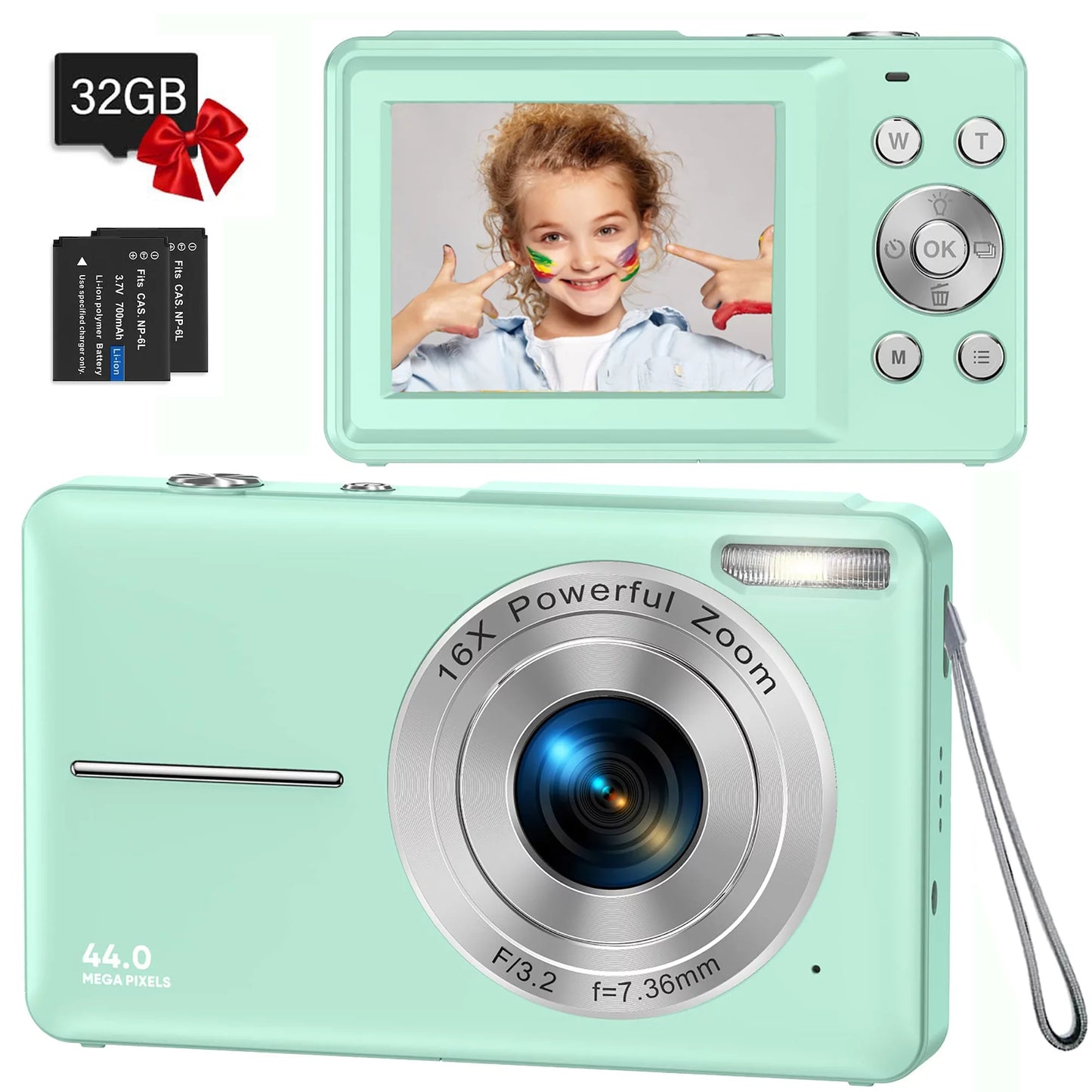 Digital Camera,Kids Camera with 32GB Card FHD 1080P 44MP Vlogging Camera 16X Zoom Portable Mini Camera Gifts for Students Teens,Green