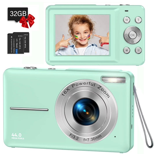 Digital Camera,Kids Camera with 32GB Card FHD 1080P 44MP Vlogging Camera 16X Zoom Portable Mini Camera Gifts for Students Teens,Green