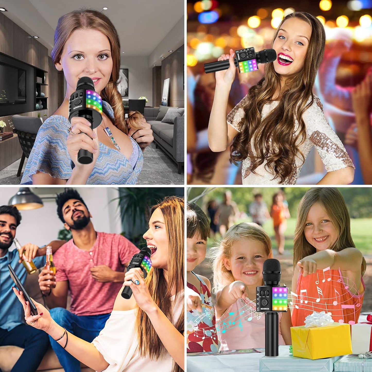 Karaoke Microphone for Kids Adults Wireless Mic with Bluetooth Speaker Rechargeable Portable Handheld Echo Microphones with Disco Light for Party Home Outdoor Speaking Singing,Q37L (Black)