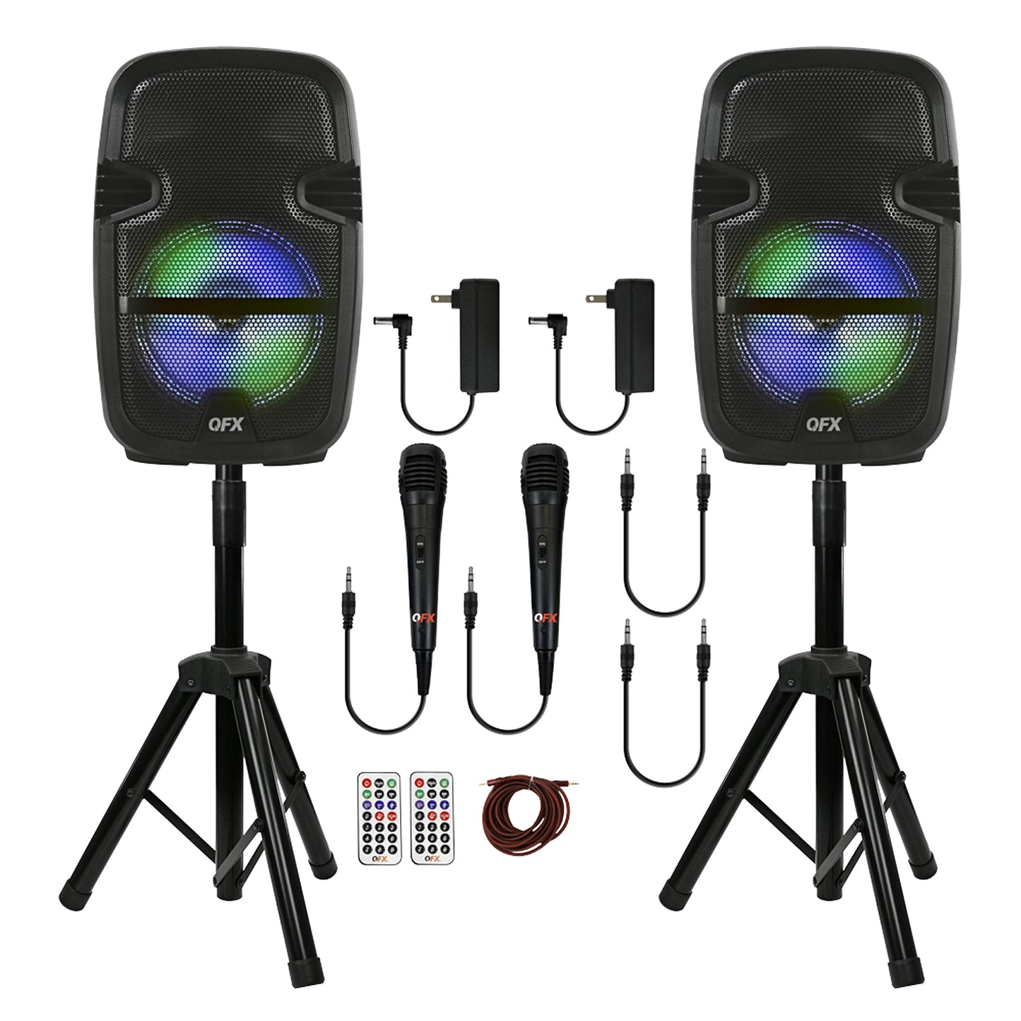 PBX-808TWS TWO 8 INCH PORTABLE PA SPEAKER SYSTEMS with 2 SPEAKERS, 2 SPEAKER STANDS, 2 WIRED MICROPHONES and 2 REMOTES