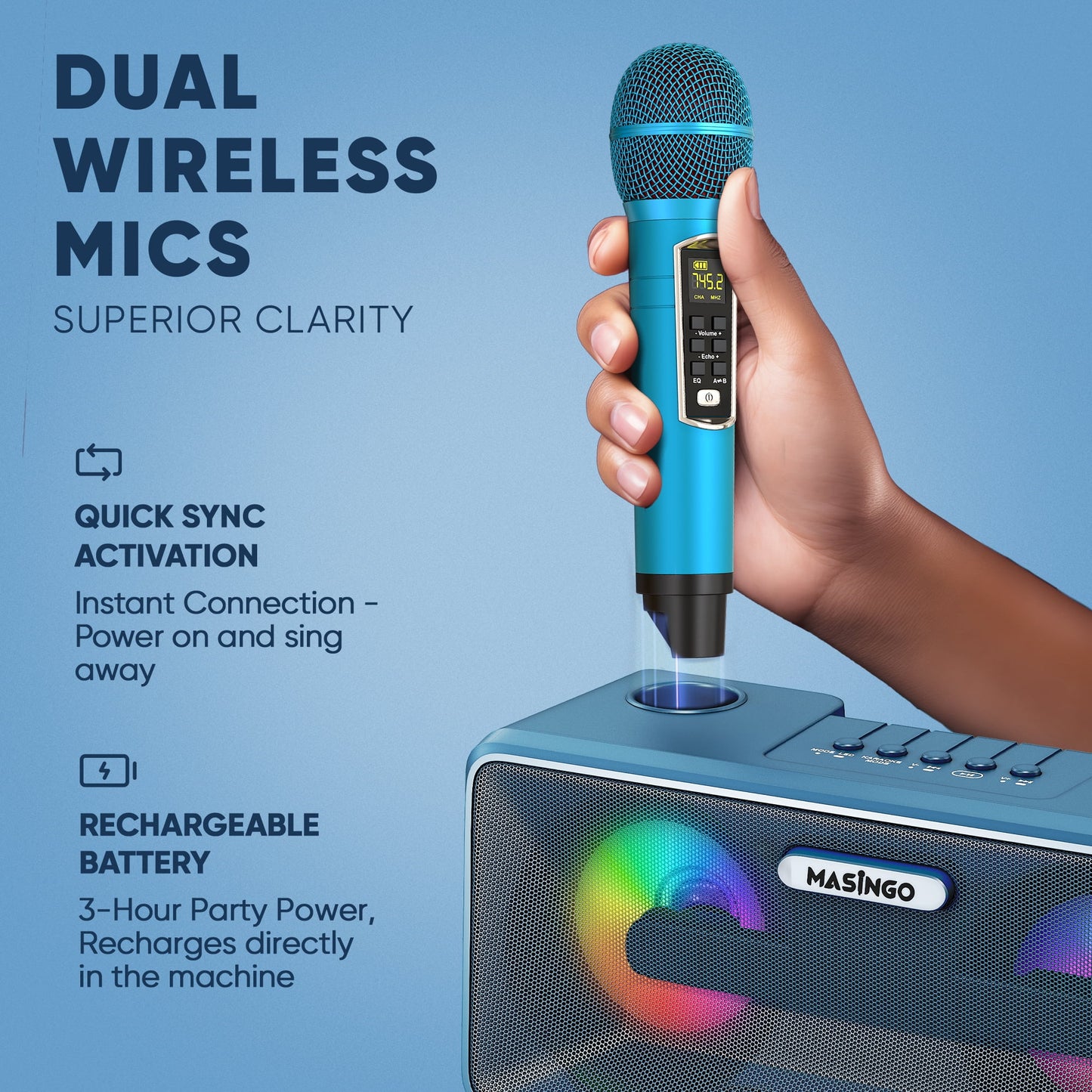 Karaoke Machine for Adults and Kids with 2 Wireless Microphones, Portable Bluetooth Singing Speaker, Colorful LED Lights, PA System, Lyrics Display Holder & TV Cable - Presto G2 (Turquoise)