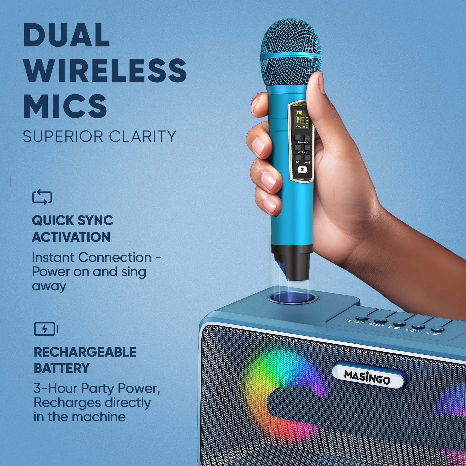 Karaoke Machine for Adults and Kids with 2 Wireless Microphones, Portable Bluetooth Singing Speaker, Colorful LED Lights, PA System, Lyrics Display Holder & TV Cable - Presto G2 (Turquoise)