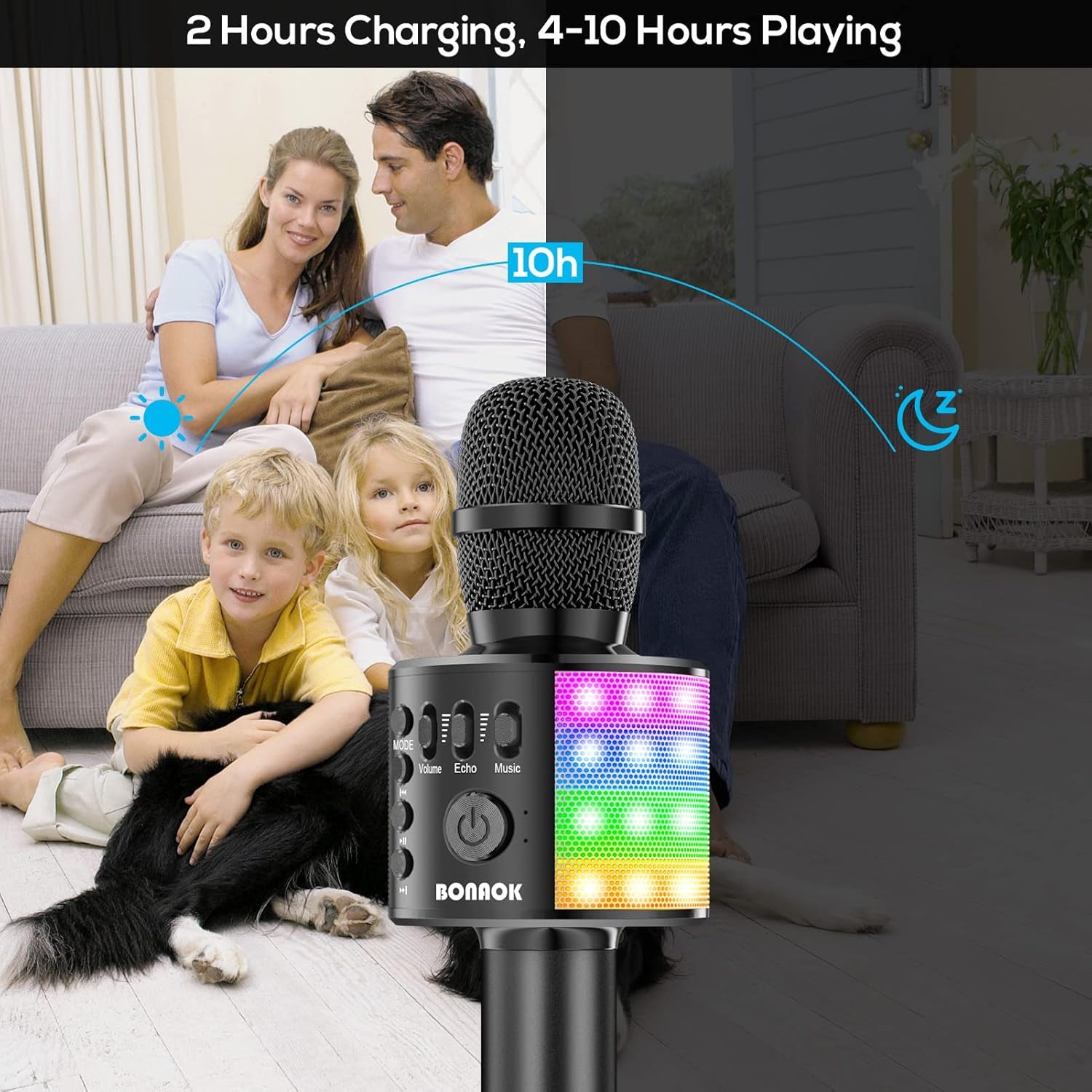 Karaoke Microphone for Kids Adults Wireless Mic with Bluetooth Speaker Rechargeable Portable Handheld Echo Microphones with Disco Light for Party Home Outdoor Speaking Singing,Q37L (Black)