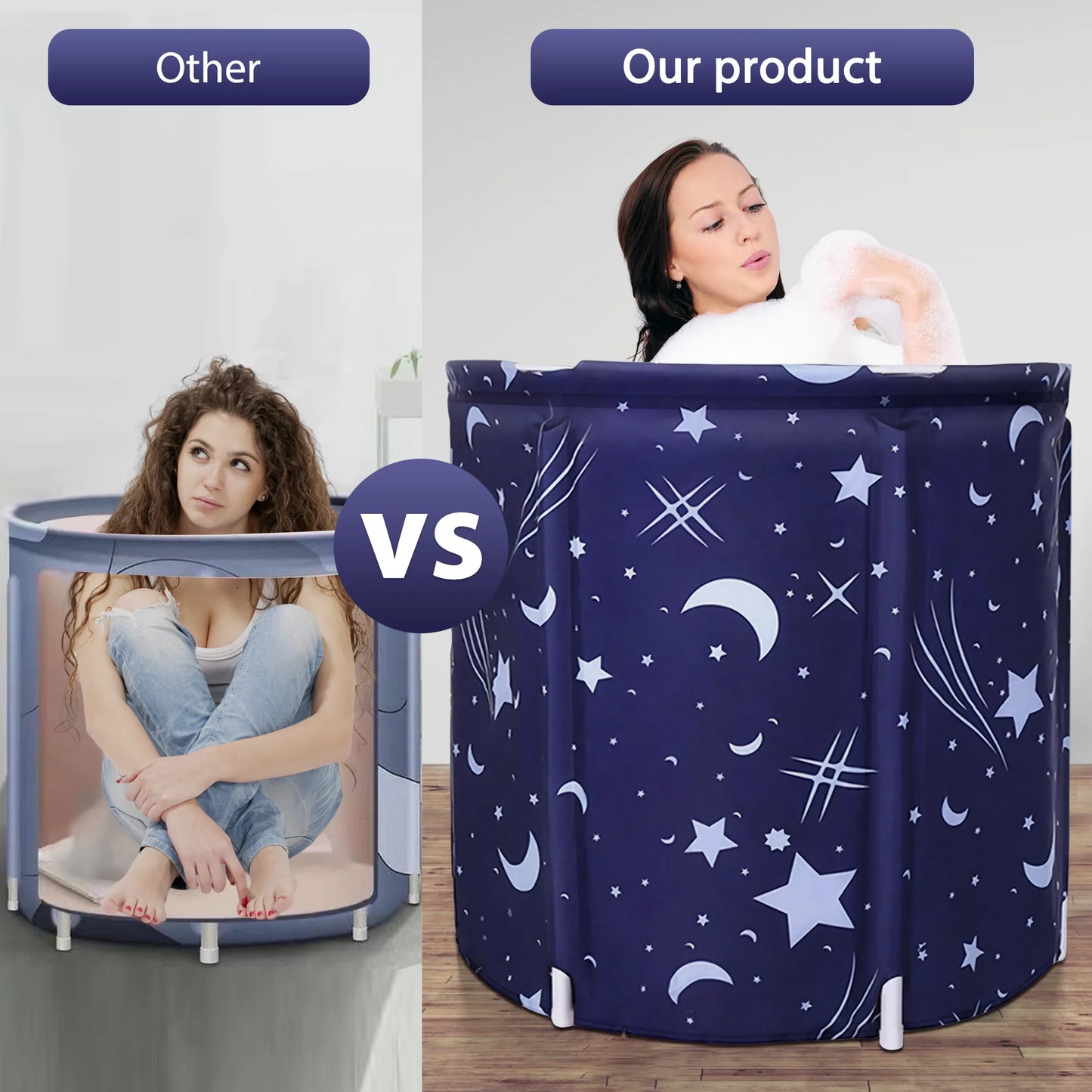 28In Portable Foldable Bathtub for Adult, Bathroom Spa Tub, Hot Bath Ice, Blue Stars