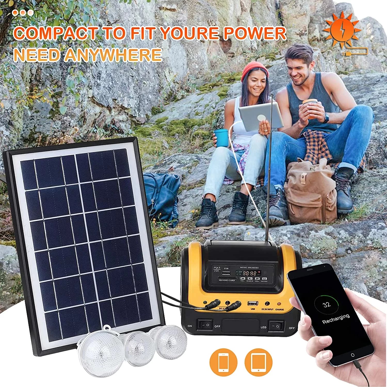 Solar Generator Portable with Solar Panel Solar Power Generators Portable Power Station with Bulb Rechargeable Power Supply